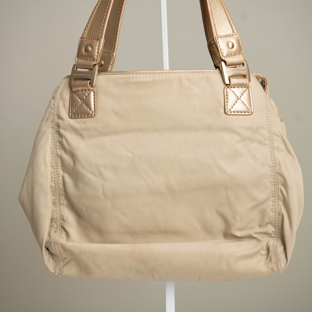Michael Kors Beige Nylon Metallic Gold Trim Shoulder Bag Chic Neutral Purse Tote - Picture 4 of 6